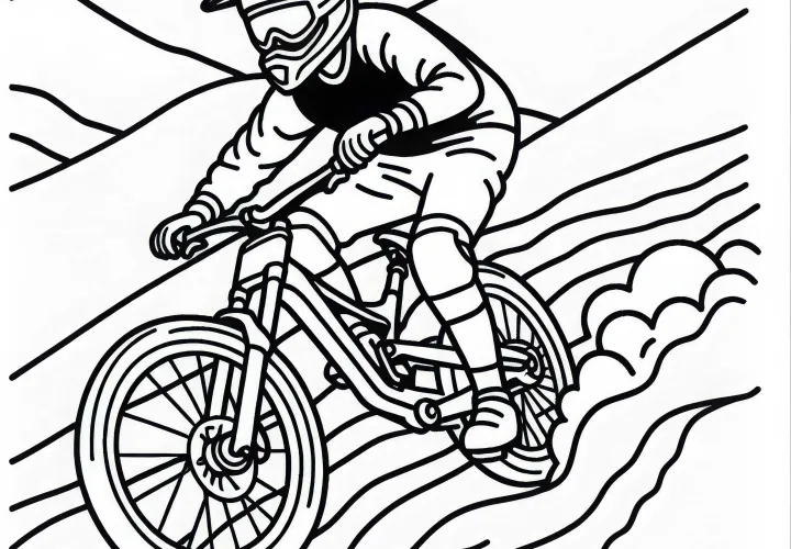 Driver rides downhill mountain biking - Coloring page simple and free