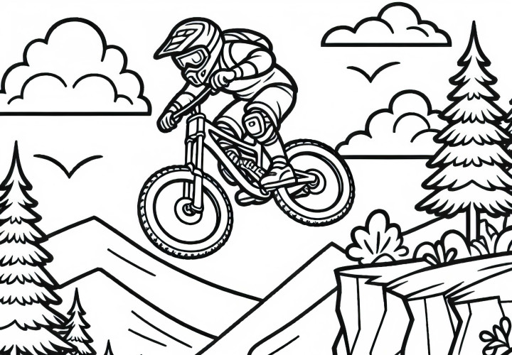 Fahrer springt beim Downhill-Mountainbiking über Felsvorsprung – Malvorlage kostenlos Fahrer springt beim Downhill-Mountainbiking über Felsvorsprung – Malvorlage kostenlos