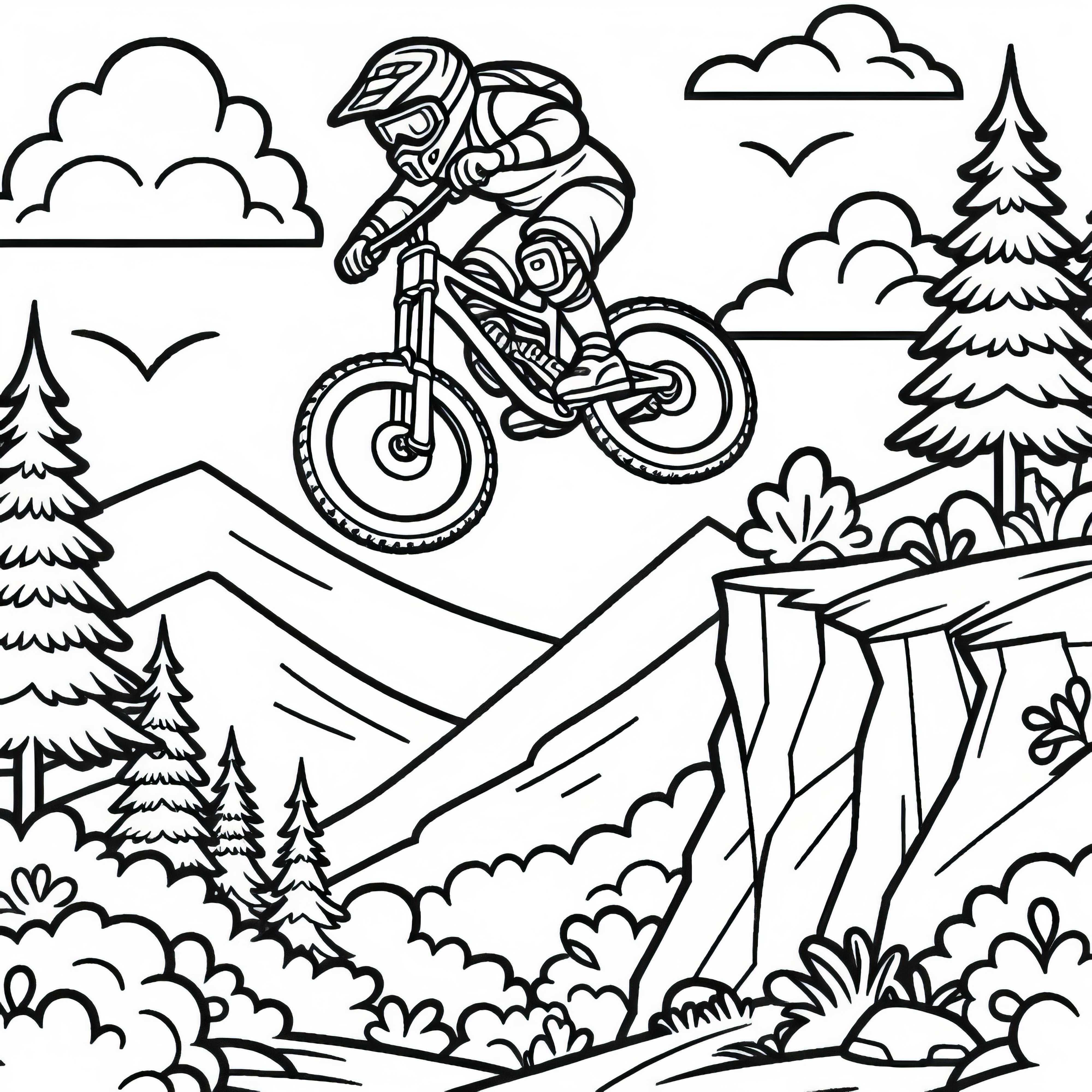 Fahrer springt beim Downhill-Mountainbiking über Felsvorsprung – Malvorlage kostenlos