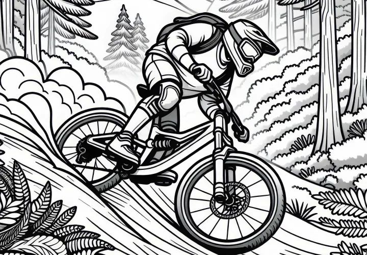 Mountain biker in the forest - Free coloring page