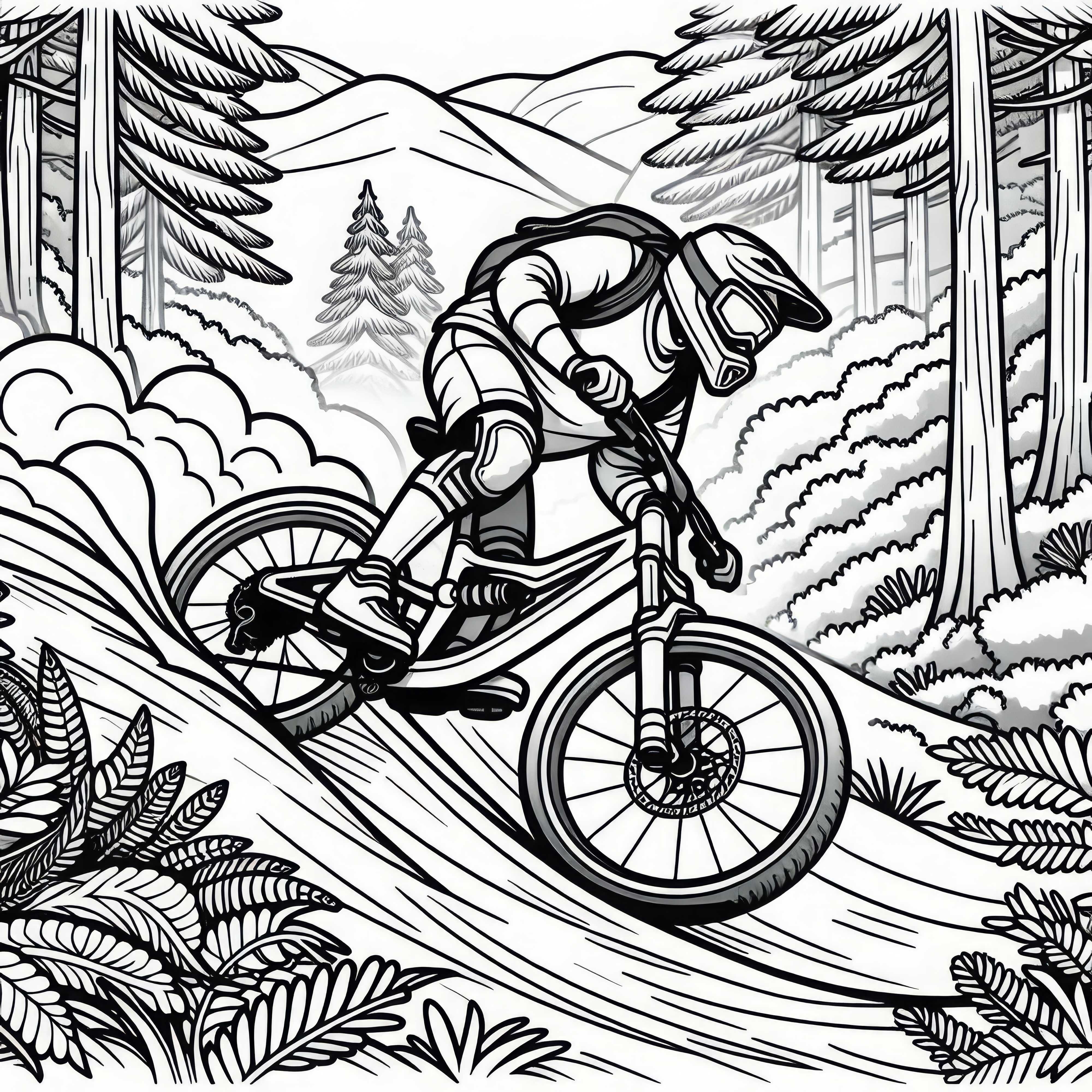 Mountainbiker im Wald – Malvorlage gratis
