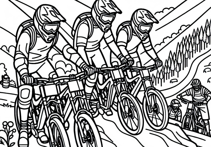Team von Downhill-Mountainbiking-Fahrern Malvorlage kostenlos Team von Downhill-Mountainbiking-Fahrern Malvorlage kostenlos