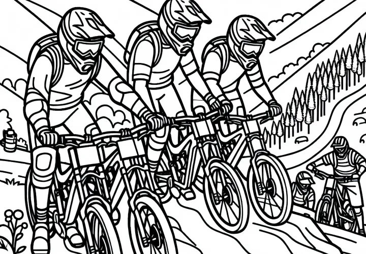 Free coloring page of a downhill mountain biking team