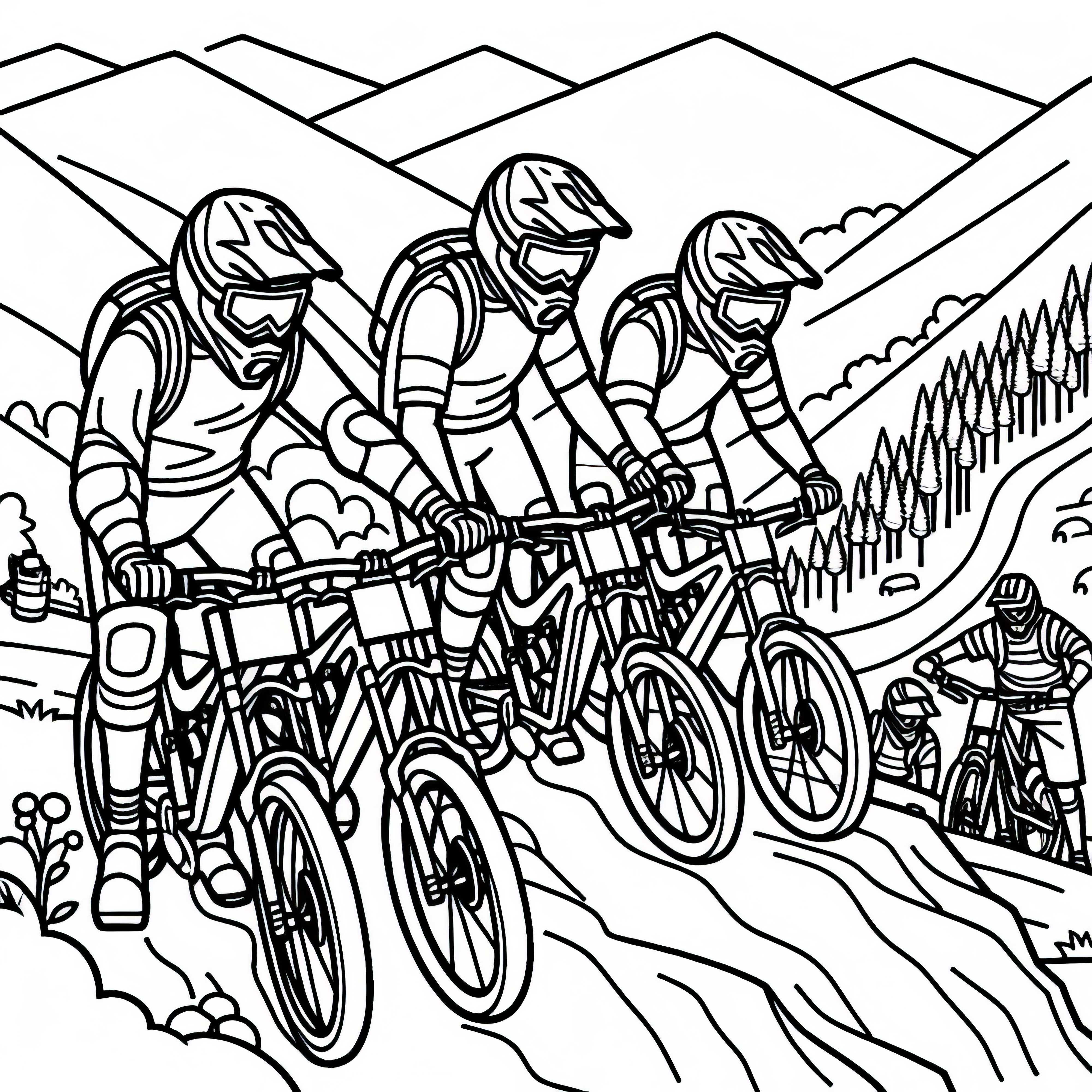Team von Downhill-Mountainbiking-Fahrern Malvorlage Kostenlos