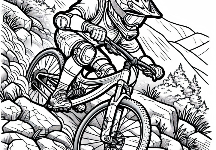 Mountainbiker kämpft sich durch unwegsames Gelände - Malvorlage kostenlos Mountainbiker kämpft sich durch unwegsames Gelände - Malvorlage kostenlos