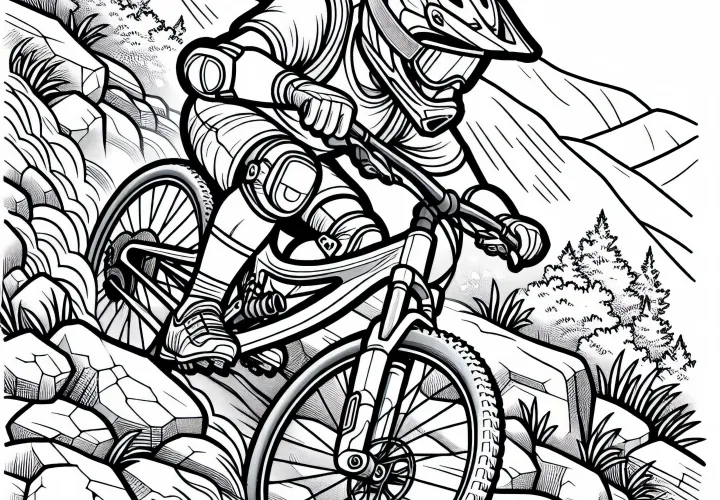 Mountain biker struggles through rough terrain - Free coloring page