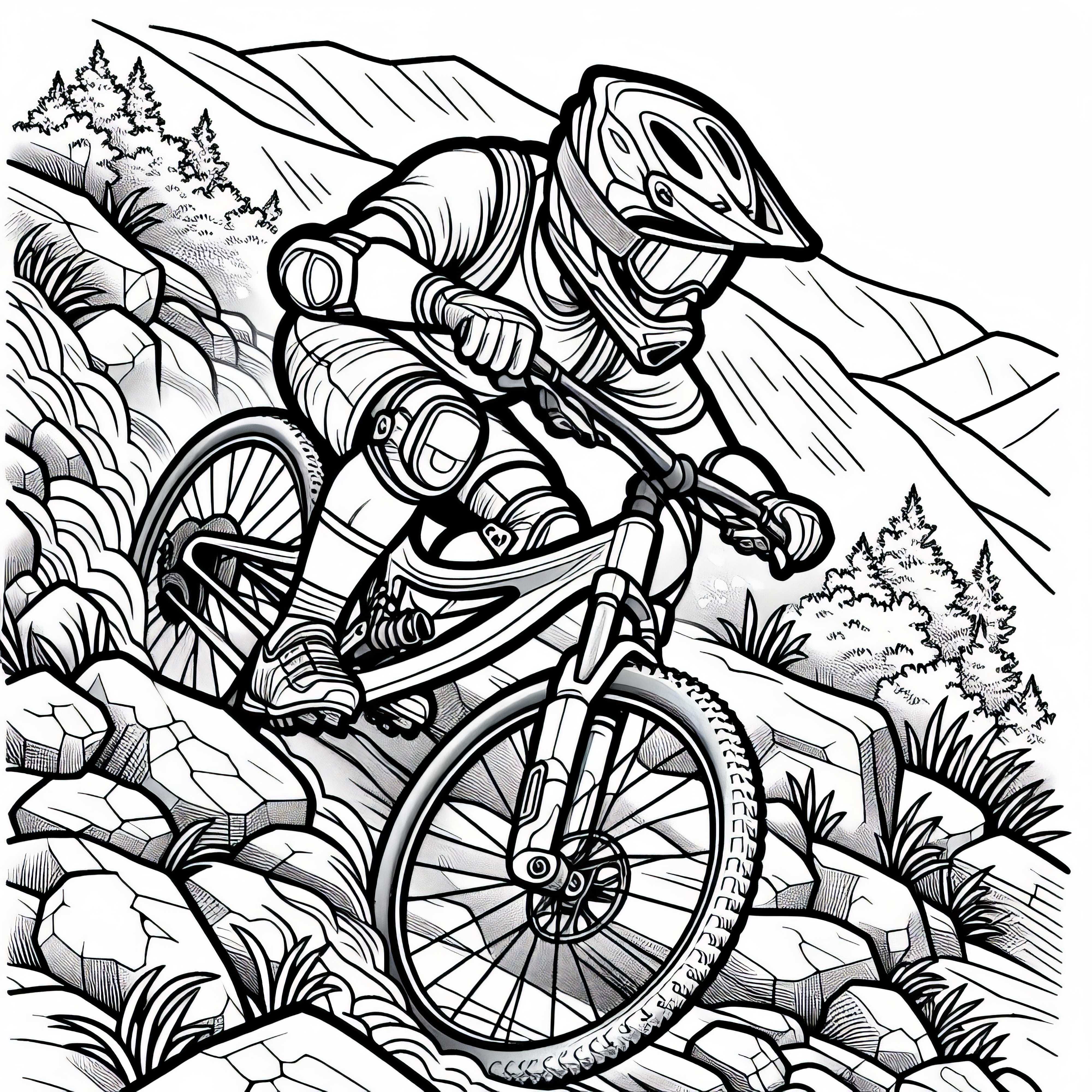 Mountainbiker kämpft sich durch unwegsames Gelände - Malvorlage Kostenlos