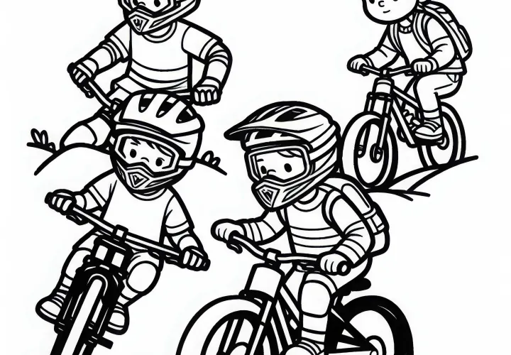 Children Mountain Biking Downhill - Free Coloring Page