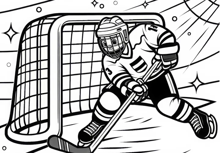 Ice hockey player retrieves puck near the goal – free coloring page