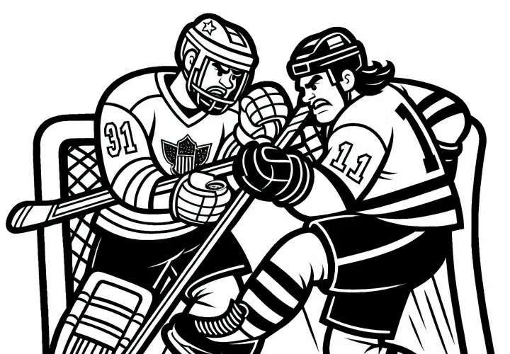 Two ice hockey players collide during a face-off – Free coloring page