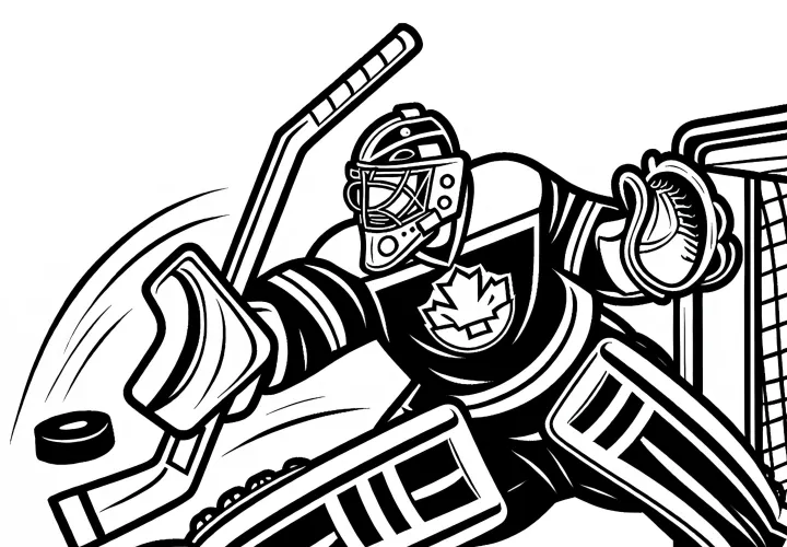 Ice hockey goalkeeper holds puck – coloring page free