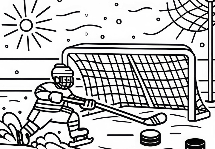 Puck scivola sul ghiaccio verso la porta dell'hockey su ghiaccio - Schema da colorare gratuito Puck scivola sul ghiaccio verso la porta dell'hockey su ghiaccio - Disegno da colorare gratuito