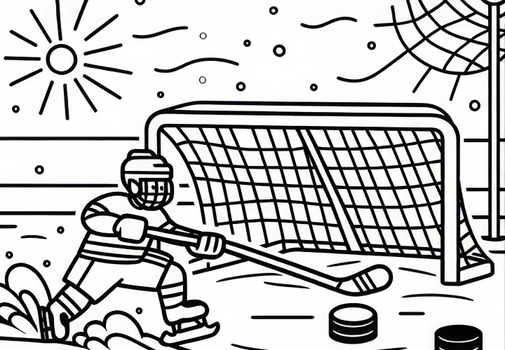 Puck glides over the ice towards the ice hockey goal - free coloring page
