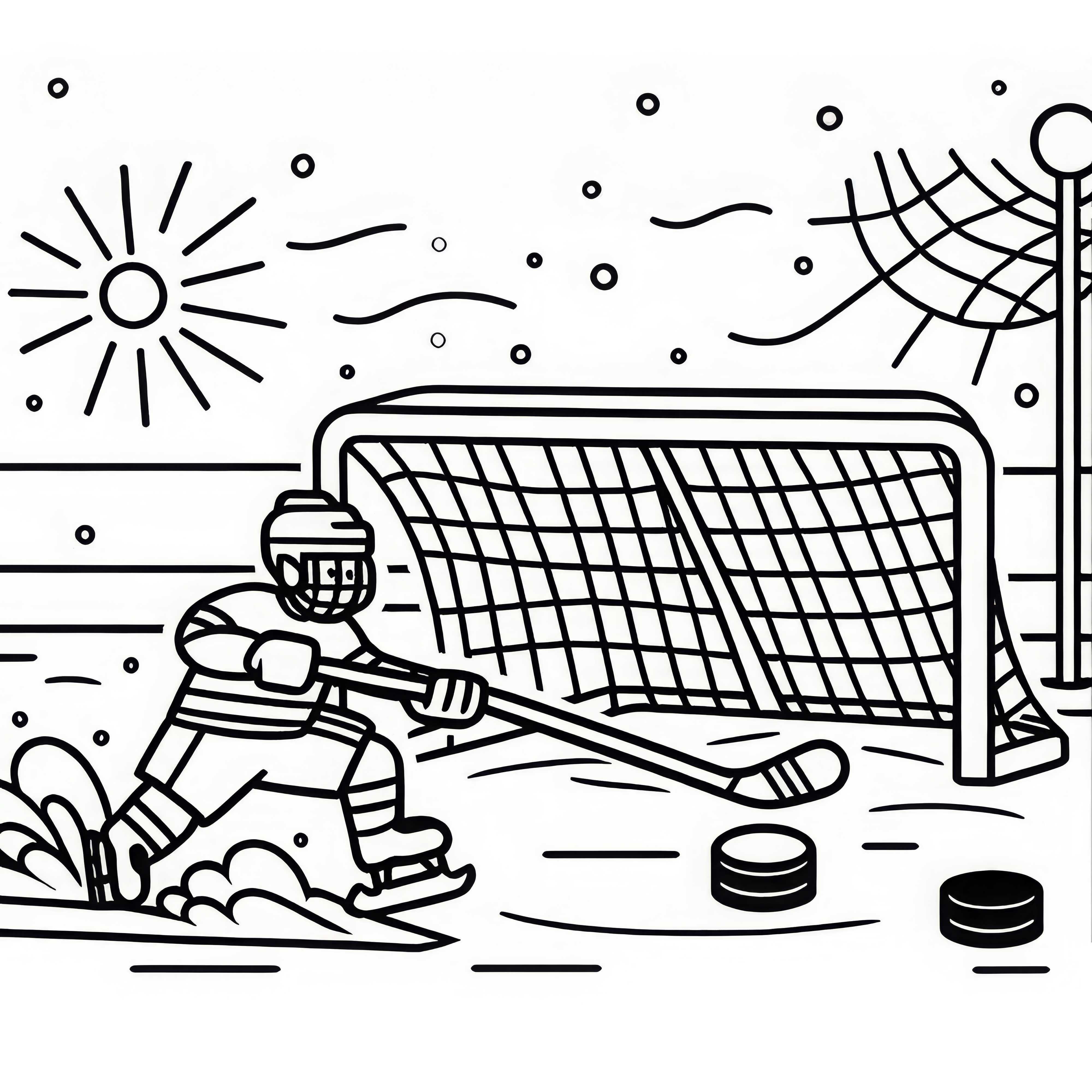 Puck scivola sul ghiaccio verso la porta dell'hockey su ghiaccio - Disegno da colorare gratuito