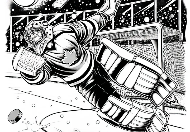 Ice hockey goalkeeper makes a spectacular jump to save the puck - free coloring page