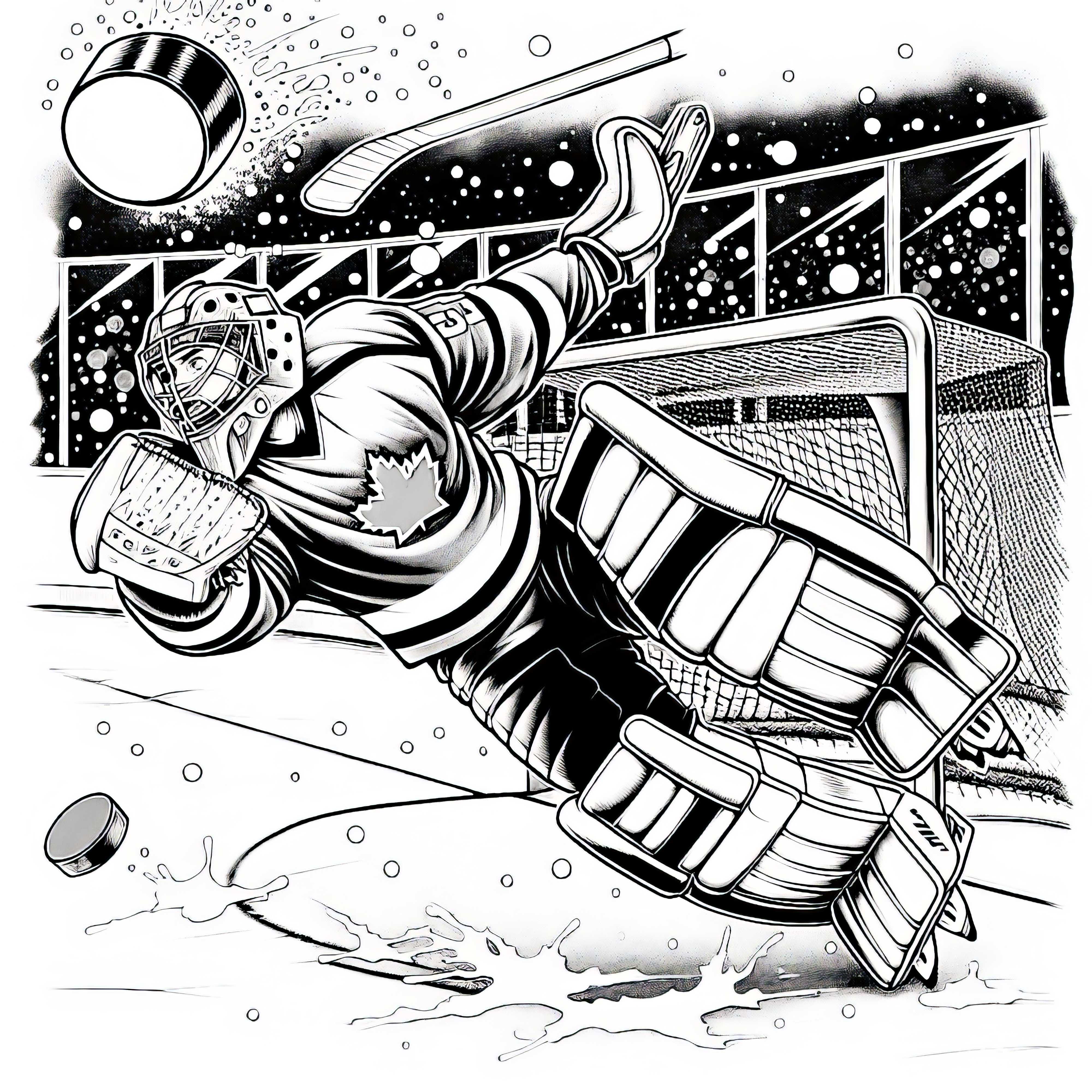 Păstrătorul de hockey pe gheață prinde pucul cu un salt spectaculos – Foaie de colorat gratuit