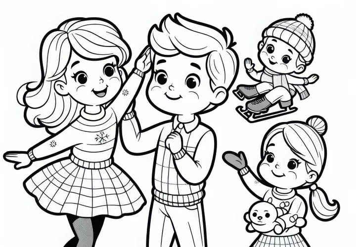 Free coloring page of children ice skating