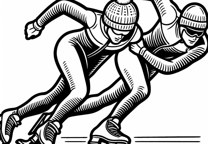 Dos patinadores de velocidad se enfrentan en una carrera codo a codo – Plantilla para colorear gratis