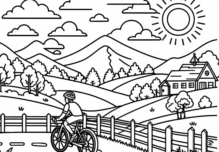 Ciclistul parcurge o drum pitorească – Imagine de colorat gratuit Ciclistul merge de-a lungul unei drumuri pitorești - Imagine de colorat gratuit