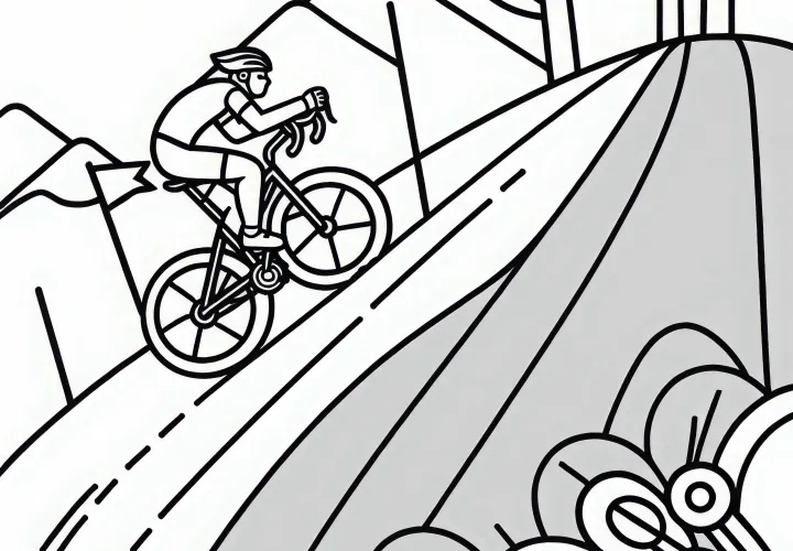 Cyclist climbs steep hill - coloring page simple and free