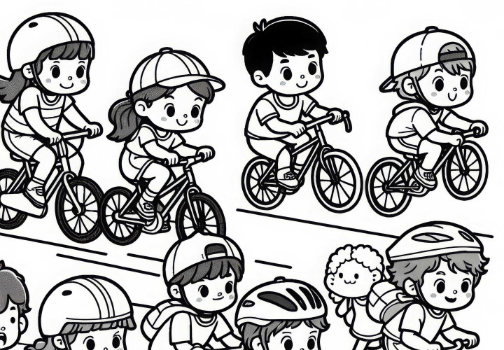 Copii la cursa de biciclete, pagină de colorat gratuit Copii la cursa de biciclete, planșă de colorat gratuit