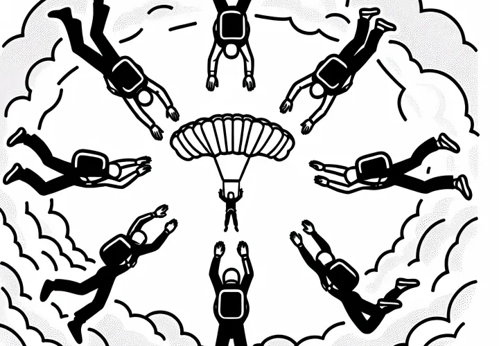 A group of skydivers forms shapes in free fall – Free coloring page
