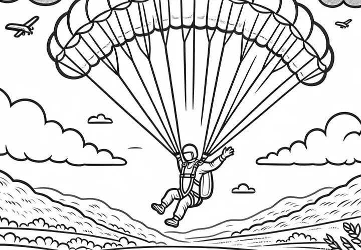 Parachutist lands safely in a meadow – Free coloring page