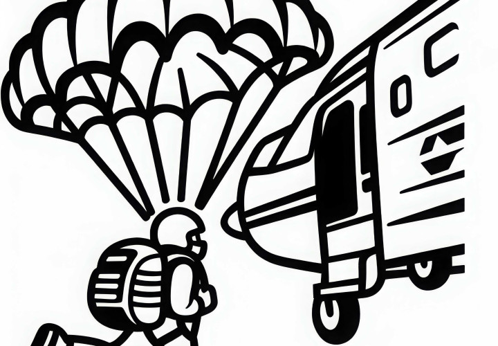 Fallschirmspringer neben Flugzeug – Malvorlage einfach kostenlos herunterladen