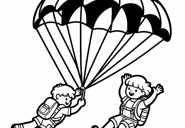 Kinder beim Fallschirmspringen – Ausmalbild kostenlos
