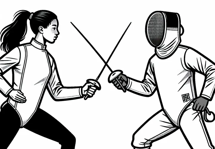 Два фехтовальщика стоят друг против друга в атакующей позиции – бесплатная раскраска