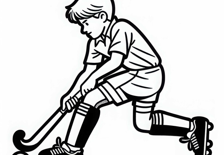 Feldhockey-Spieler dribbelt mit Ball über das Feld – Malvorlage kostenlos