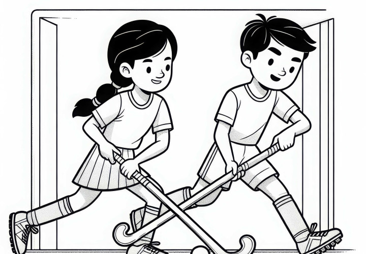 Zwei Feldhockey-Spieler kämpfen um den Ball – Ausmalbild gratis