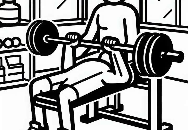 Person training on a bench press in a gym coloring page free