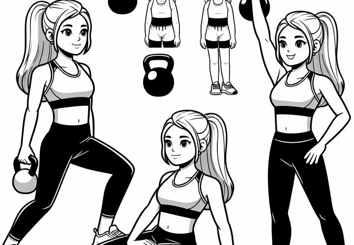 Treener näitab Kettlebell'iga fitnessi harjutusi – tasuta värvimisleht