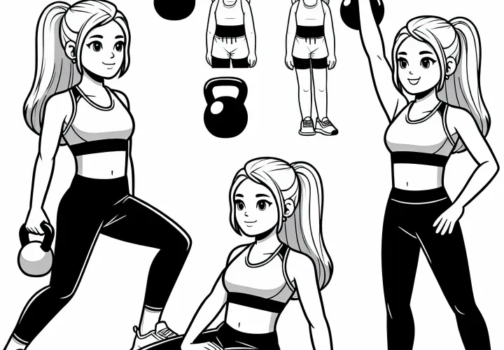 Trainer shows fitness exercises with kettlebell – free coloring page