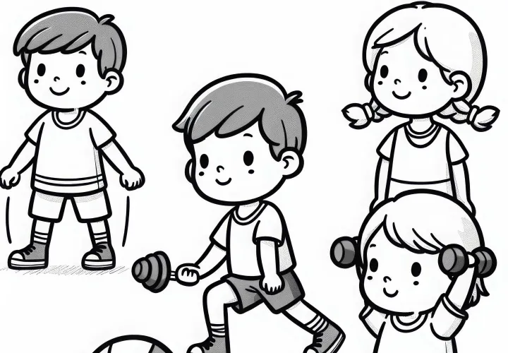 Children at Fitness Training - Coloring Template Simple and Free