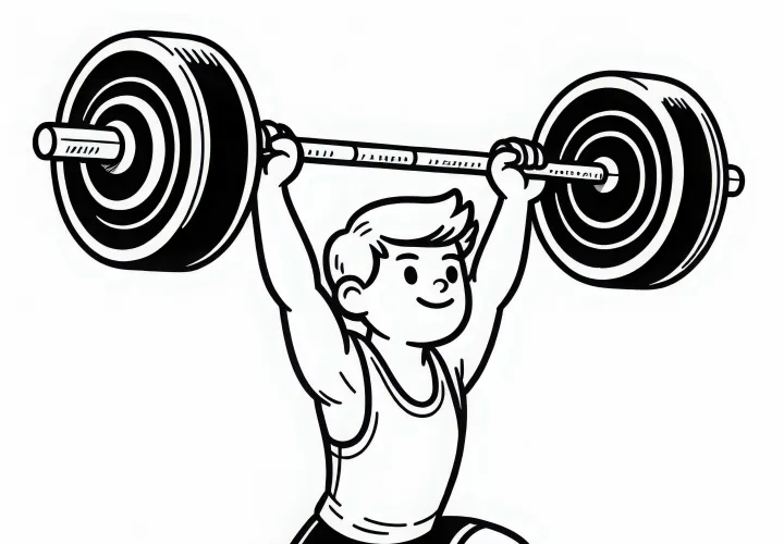 Weightlifter lifts barbell in clean and jerk technique - free coloring page