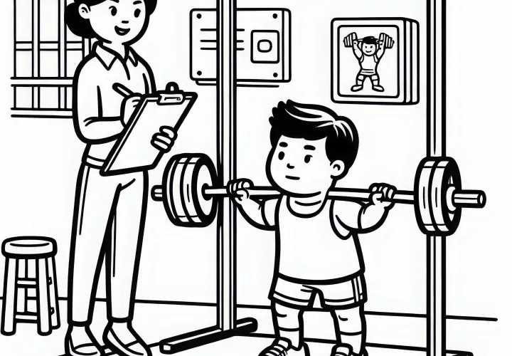 Trainer observes the correct execution in weightlifting - free coloring page