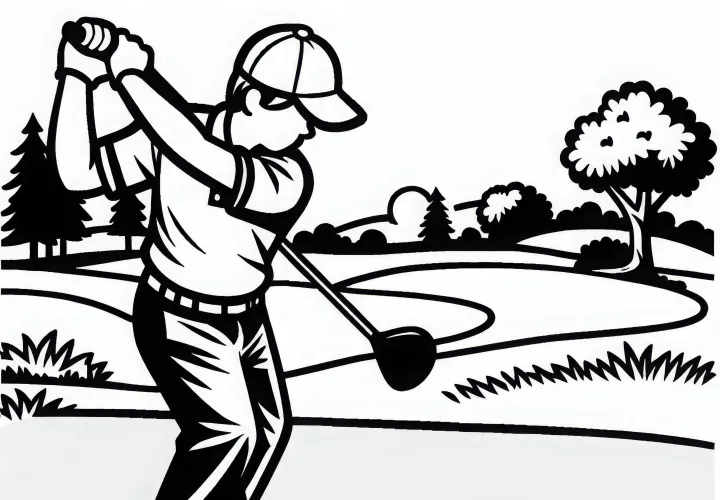 Golfer hits the ball from the tee with a driver – Free coloring page