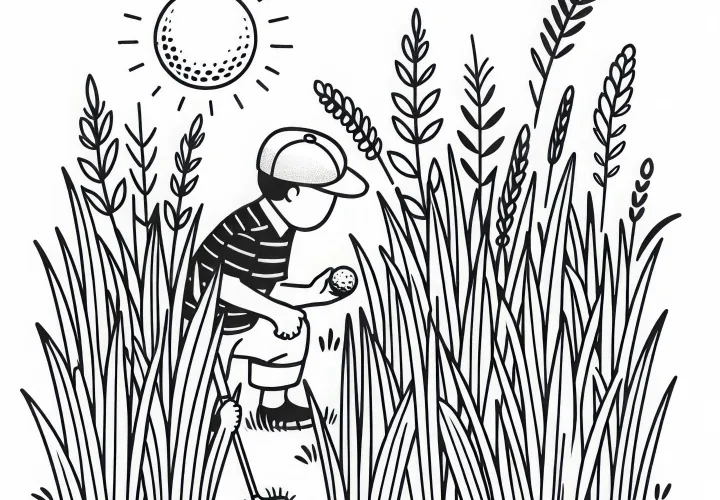 Golfer searching for ball in tall grass – Free coloring page
