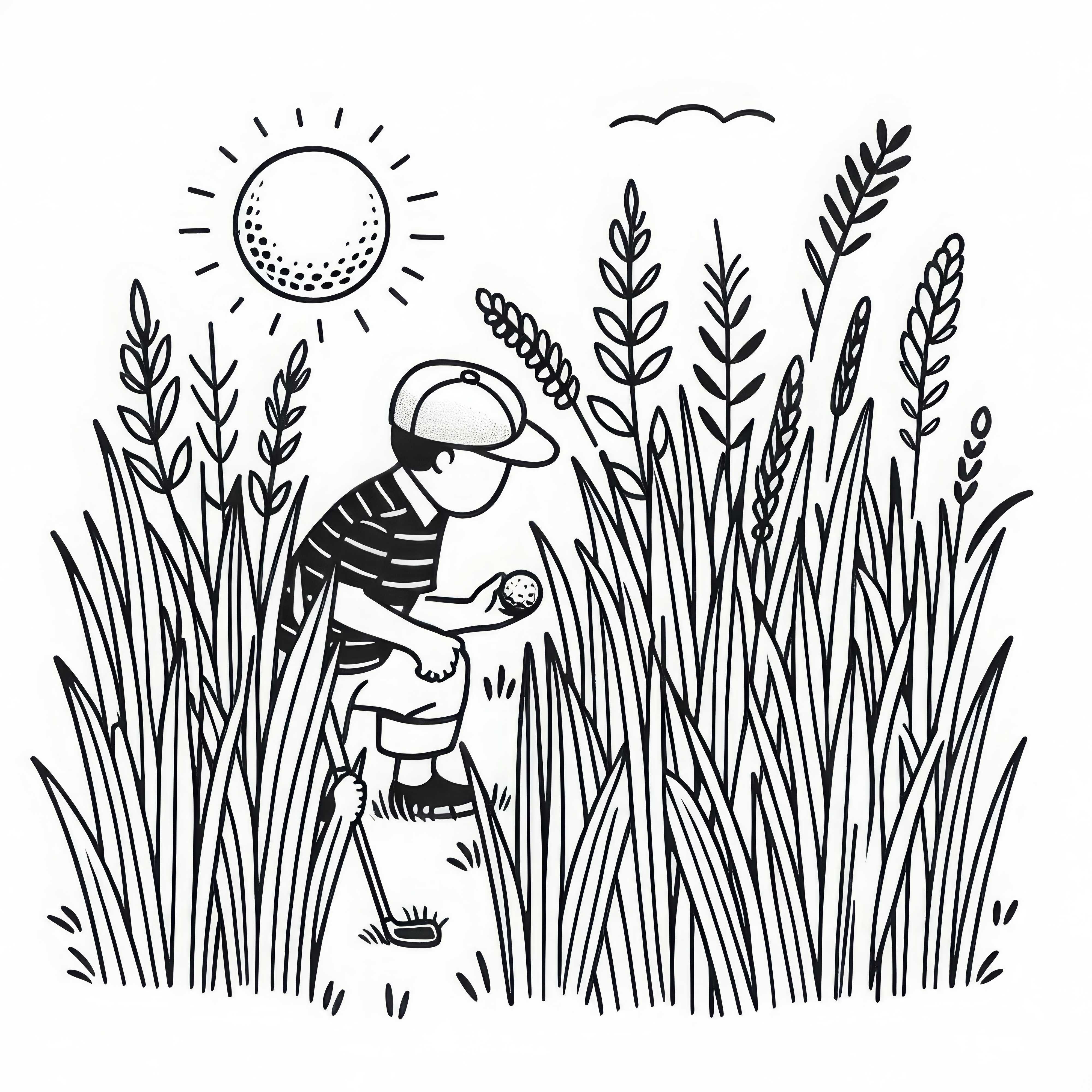 Golfer searching for ball in tall grass - Free coloring page