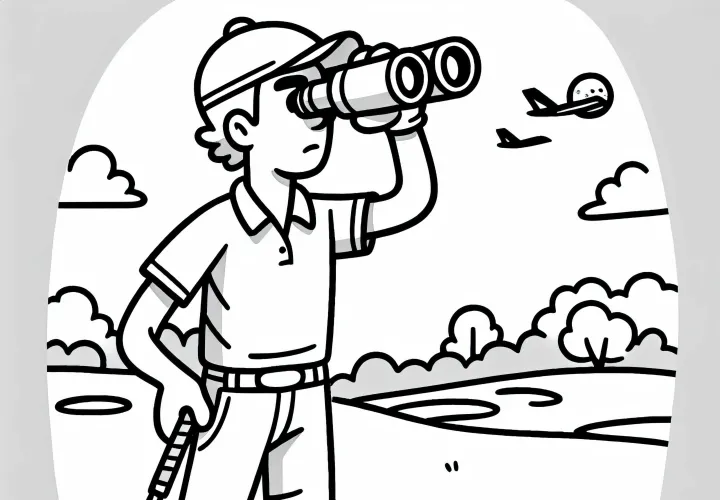 Golfer analyzes distance with binoculars - free coloring page