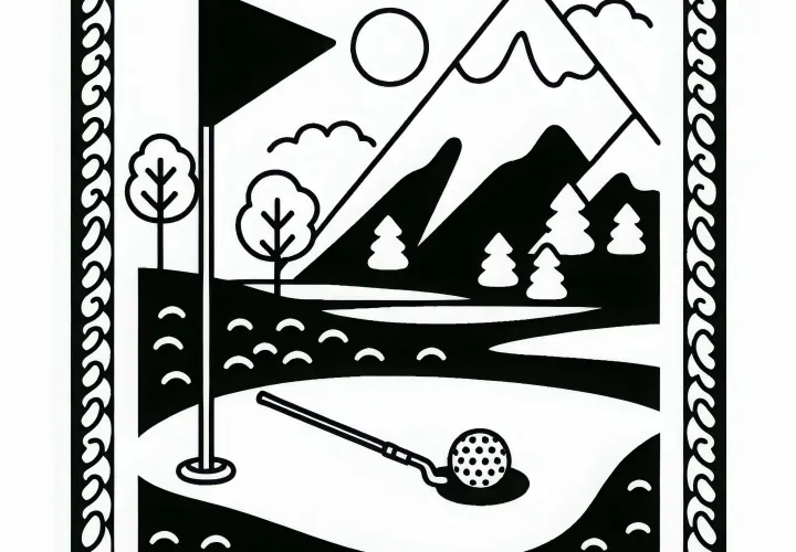 Download and color in a free golf course coloring page