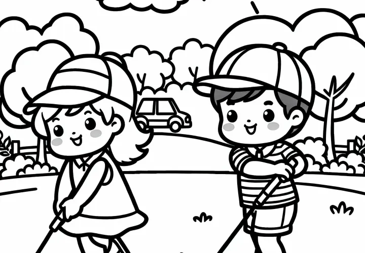 Children Golfing - Free Coloring Page