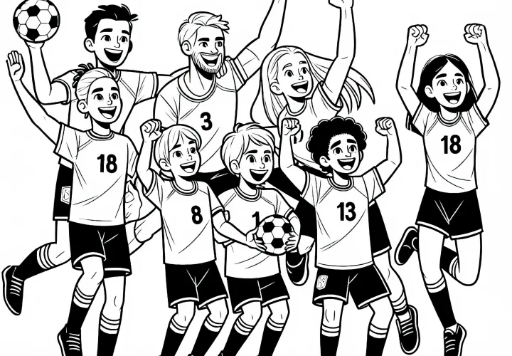 Rankinio komanda džiaugiasi po sėkmingo žaidimo – Nemokamas spalvinimo puslapis