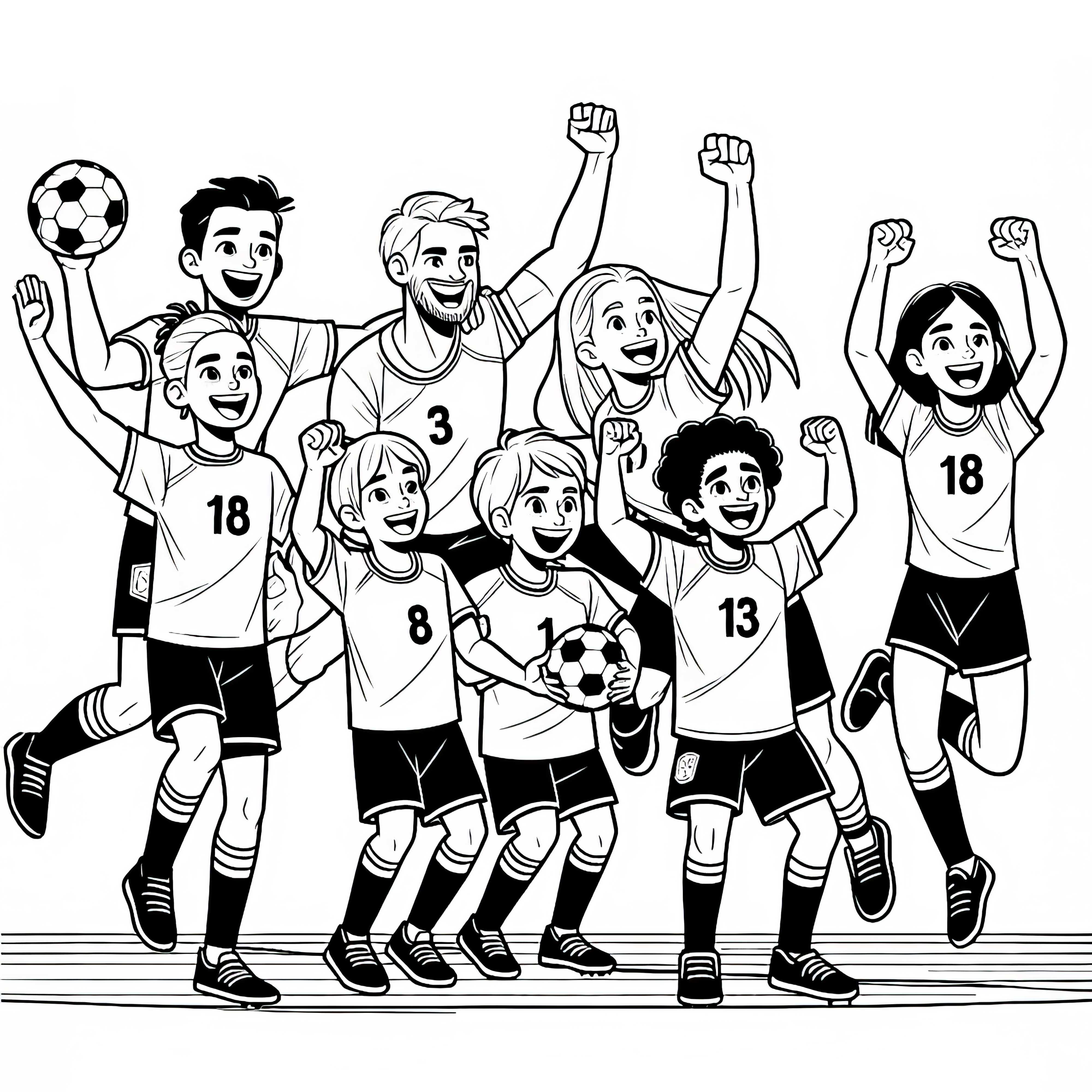 Equipo de balonmano celebra después de una jugada exitosa – Dibujo para colorear gratis