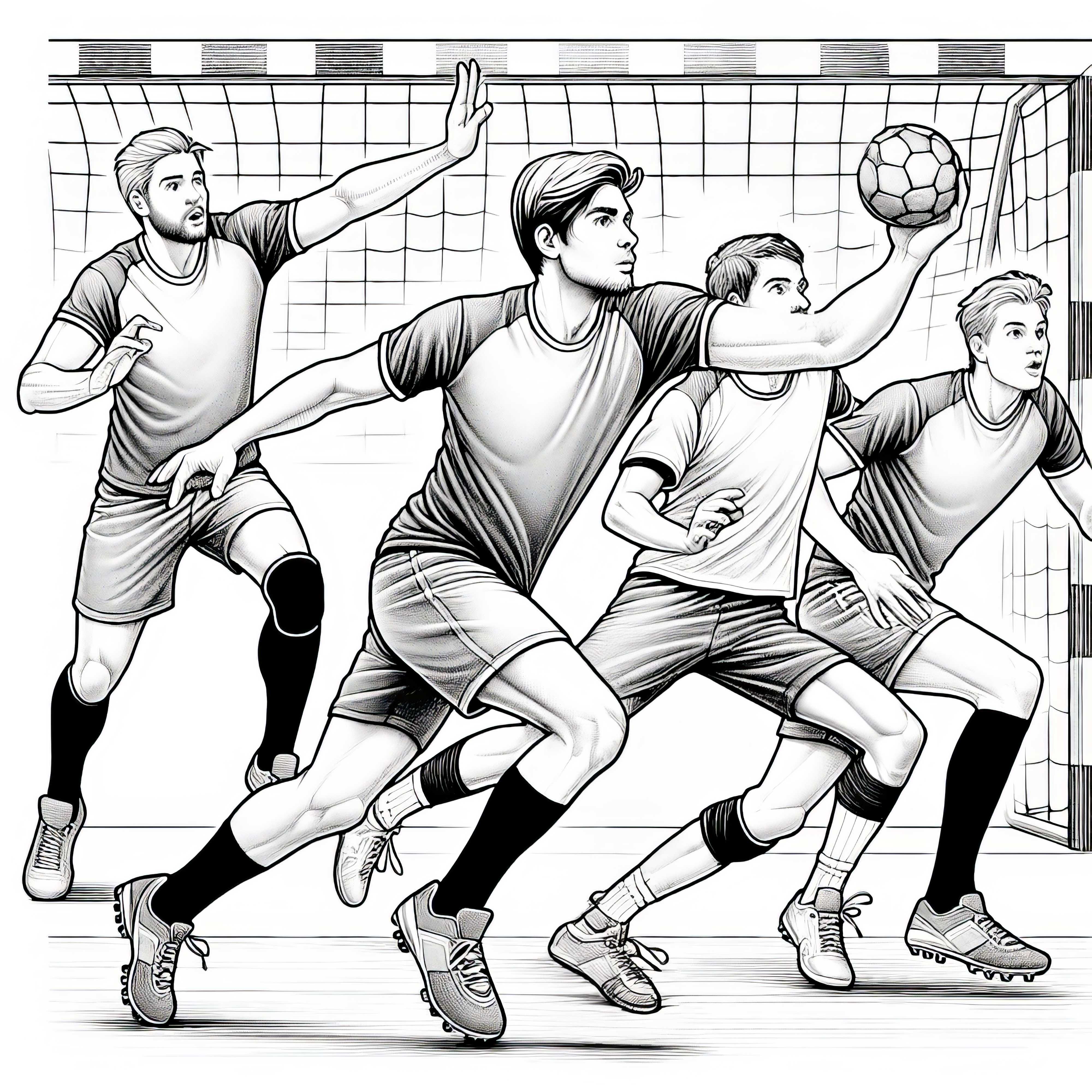 Equipo de balonmano realiza un ataque - Plantilla para colorear detallada gratis