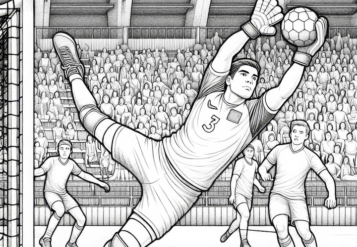 Portero de balonmano hace una parada - Imagen para colorear detallada gratis