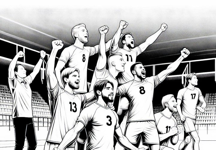 Equipo de balonmano celebra después del partido - Página para colorear (detallada, gratis)