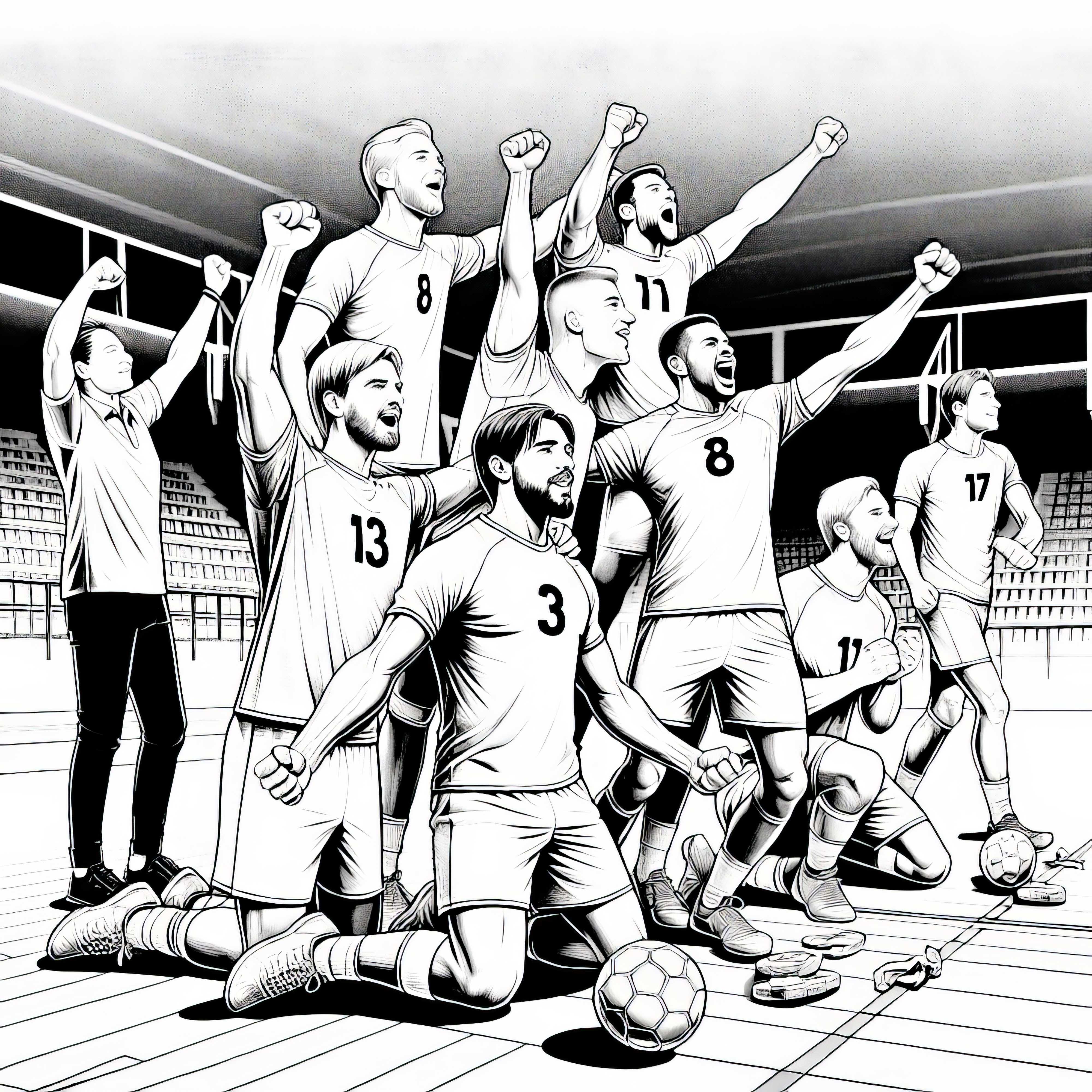 El equipo de balonmano celebra después del partido - Imagen para colorear (detallada, gratis)